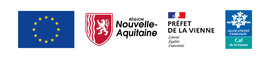 Bandeau avec les drapeaux de l'Europe, de la Région Nouvelle-Aquitaine, de la Préfecture de la Vienneet de la Caisse d'Allocations Familiales - Agrandir l'image (fenêtre modale)
