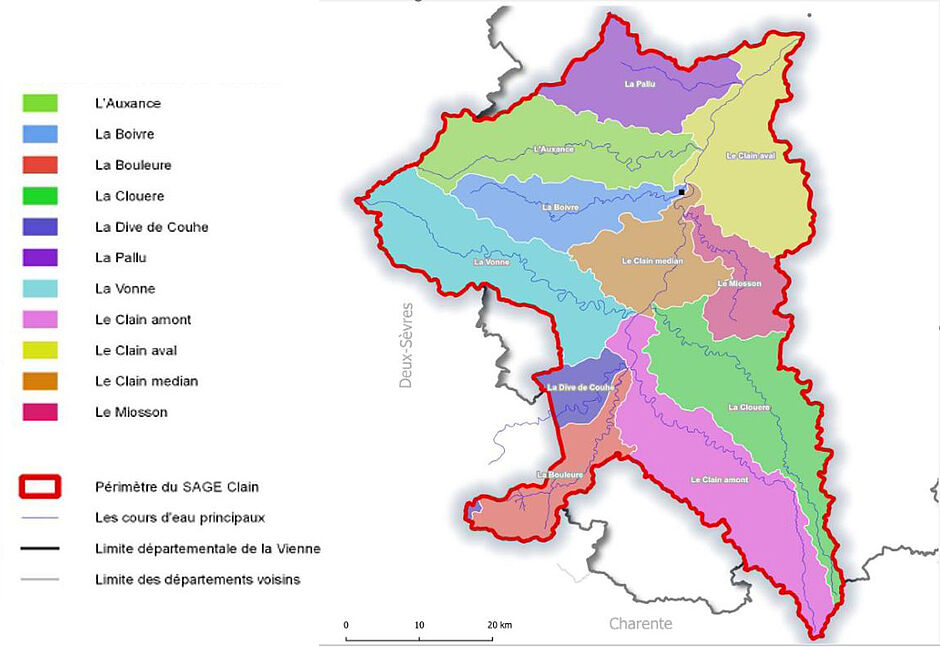 Carte avec le périmètre des unités de gestion : L'Auxance, La Boivre, La Bouleure, La Clouere, La Dive de Couhé, La Pallu, La Vonne, Le Clain amont, Le Clain aval, Le Clain median, Le Miosson 