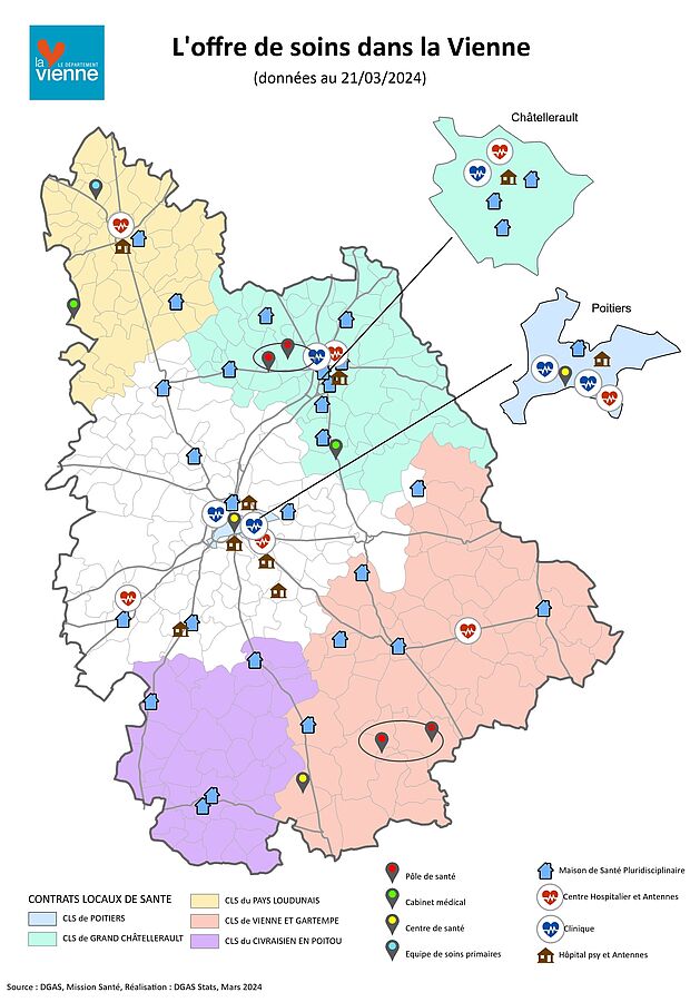 Visuel cartographié de l'offre de soins dans la Vienne. Pour en savoir plus contacter la Mission santé au 05 16 52 60 21 - Agrandir l'image (fenêtre modale)