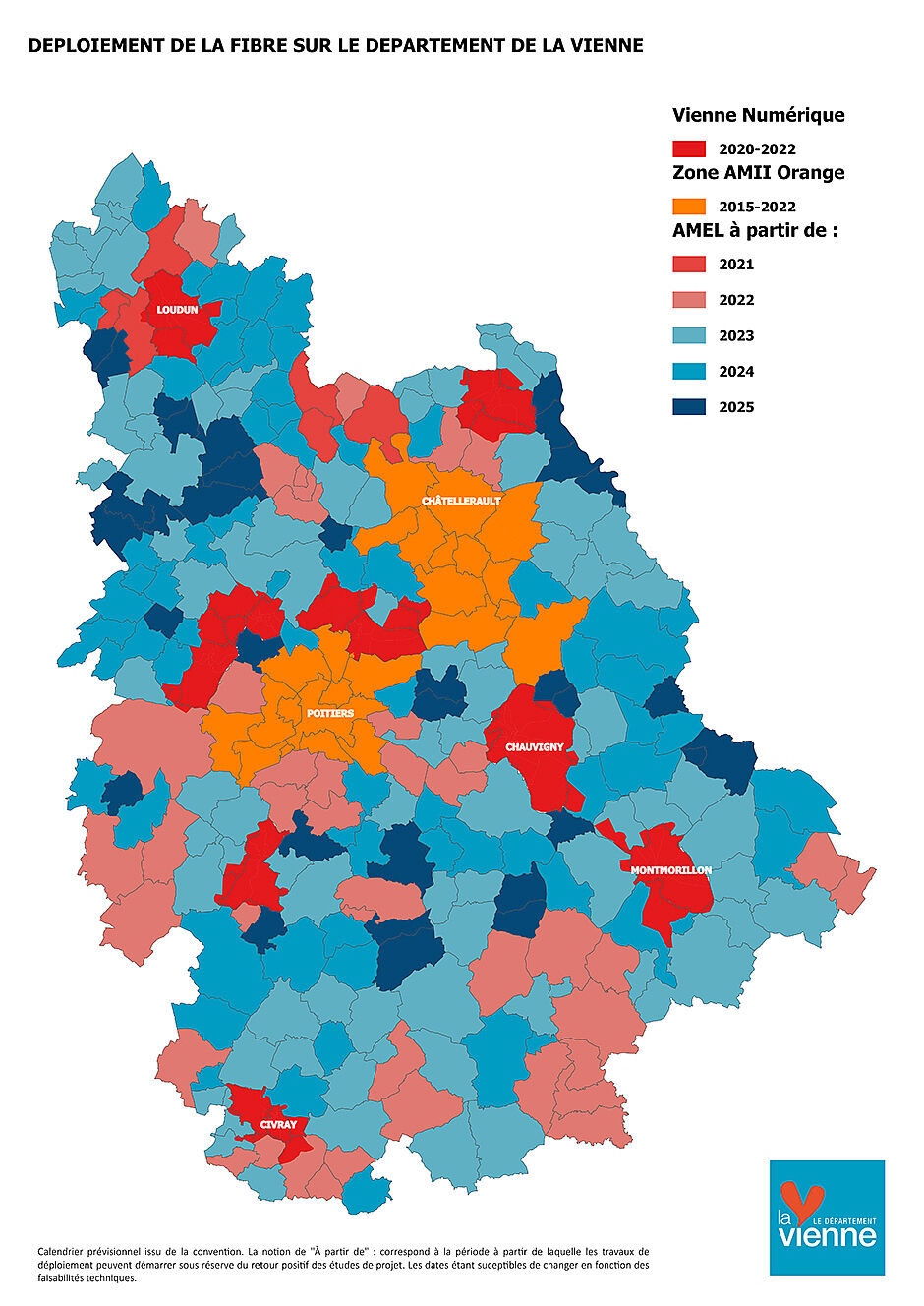 Cartographie du déploiement de la fibre sur le département de la Vienne. Pour plus d'informations contacter la Direction de l'Habitat, de l'Aménagement du Numérique et des Technopoles au 05 49 49 86 86