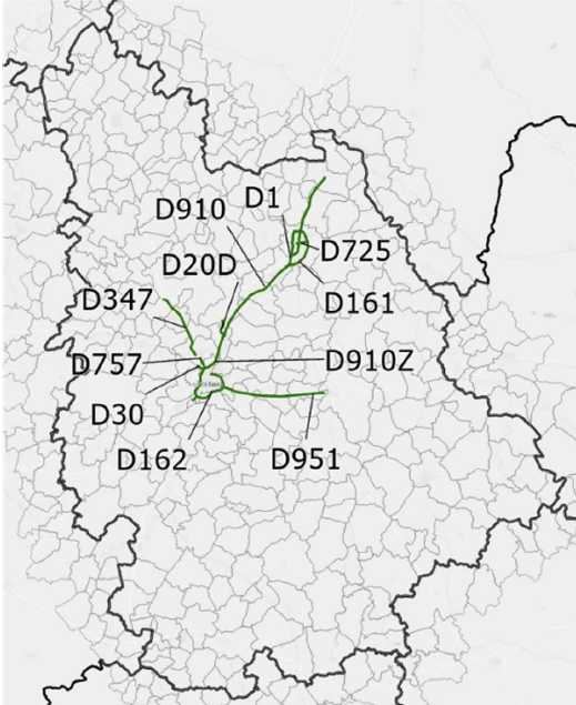 Carte identifiant les départementales concernées par le PPBE. - Agrandir l'image (fenêtre modale)